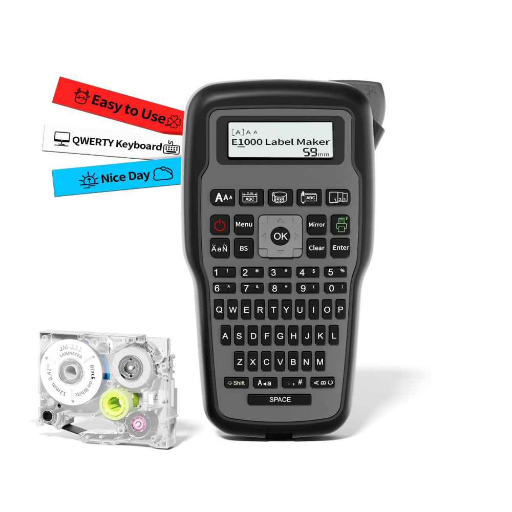 CNETS Handheld Label Maker Machine with Tape – E1000 Pro Portable Label Maker Black Color with QWERTY Keyboard, Type-C Cable, Easy Label Printer for Industrial, Home & Office Organization for Brother labels