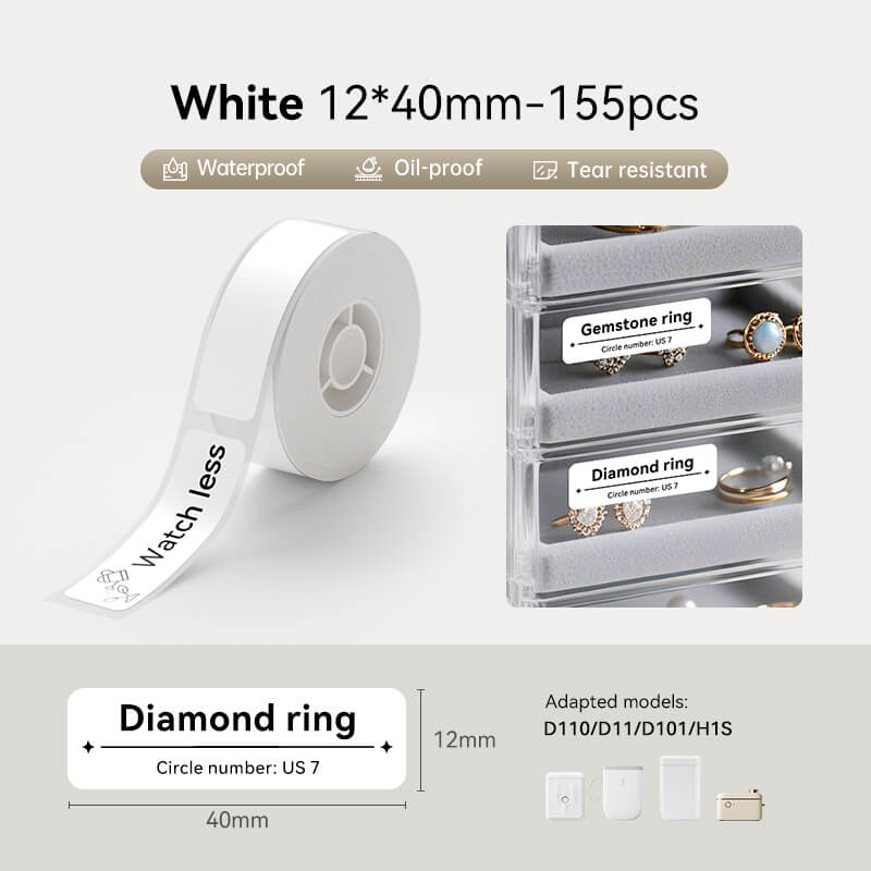 NIIMBOT Labels - 40 x 12 mm - 155-White Labels – Removable – White – Compatible with - D11 / D11 Plus ,D110 / D110-M , D101,H1S