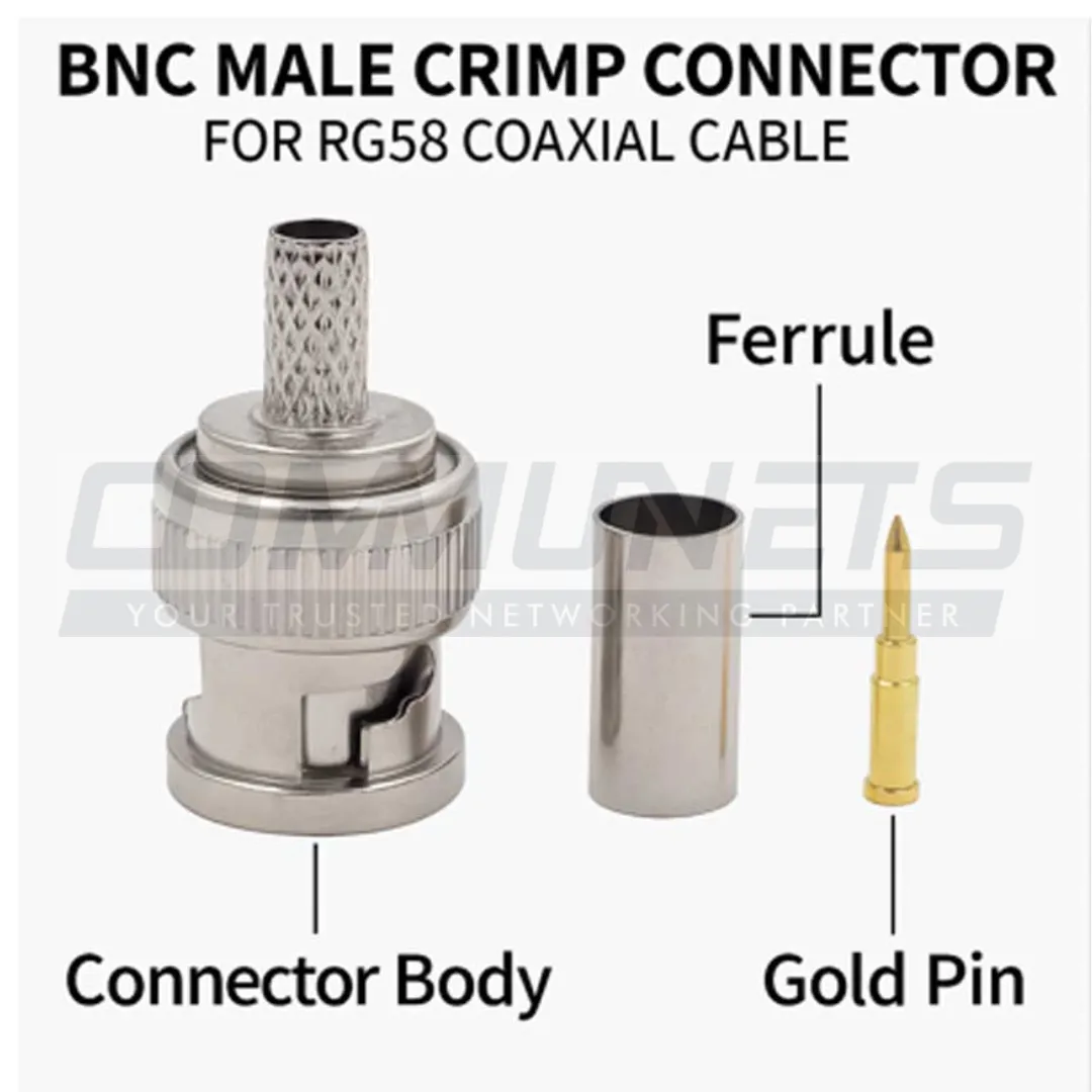 CNETS BNC Male Crimp Connector for RG58 Coaxial Cable – 3-Piece Nickel Plated RF Connector with Gold Pin for CCTV, Video, and Radio Applications